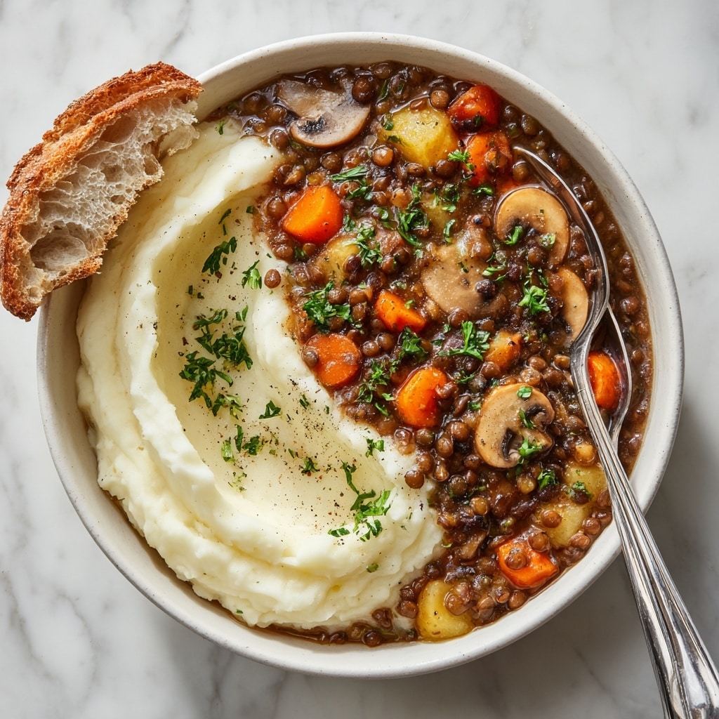 A white bowl filled with two main layers: one side has creamy, smooth white mashed potatoes with a soft texture, while the other side holds a thick, rich brown stew with visible chunks of orange carrots, light yellow potatoes, sliced brown mushrooms, and lentils. The stew is sprinkled with fresh green herbs on top. Two shiny silver spoons rest on the edge of the bowl, and there is a piece of torn bread placed nearby on the white marbled surface. photo taken with an iphone --ar 4:5 --v 7
