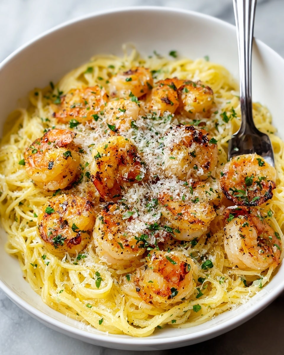 A white bowl filled with creamy fettuccine pasta topped with a layer of golden-brown grilled shrimp showing a slightly charred texture, scattered with green parsley pieces, and sprinkled with finely grated white cheese. The creamy sauce coats the pasta, giving it a smooth, shiny look, while the shrimp sit evenly around the edges and middle. A fork lifts a small bundle of pasta, highlighting the sauce and cheese while the background shows a blurred warm brown tone. photo taken with an iphone --ar 4:5 --v 7