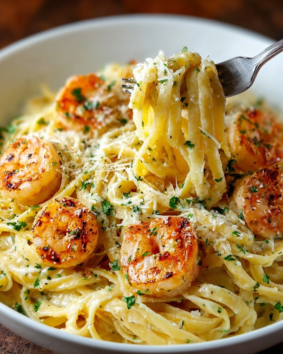 A white bowl is filled with yellow spaghetti pasta forming the base layer, topped with a layer of golden-brown grilled shrimp scattered evenly across the pasta. The shrimp have a slightly charred texture with black pepper specks and are sprinkled with finely chopped green herbs. On top, there is a light dusting of grated white cheese adding a soft texture. A silver fork is stuck into the pasta on the upper right side. The bowl is placed on a white marbled surface. photo taken with an iphone --ar 4:5 --v 7