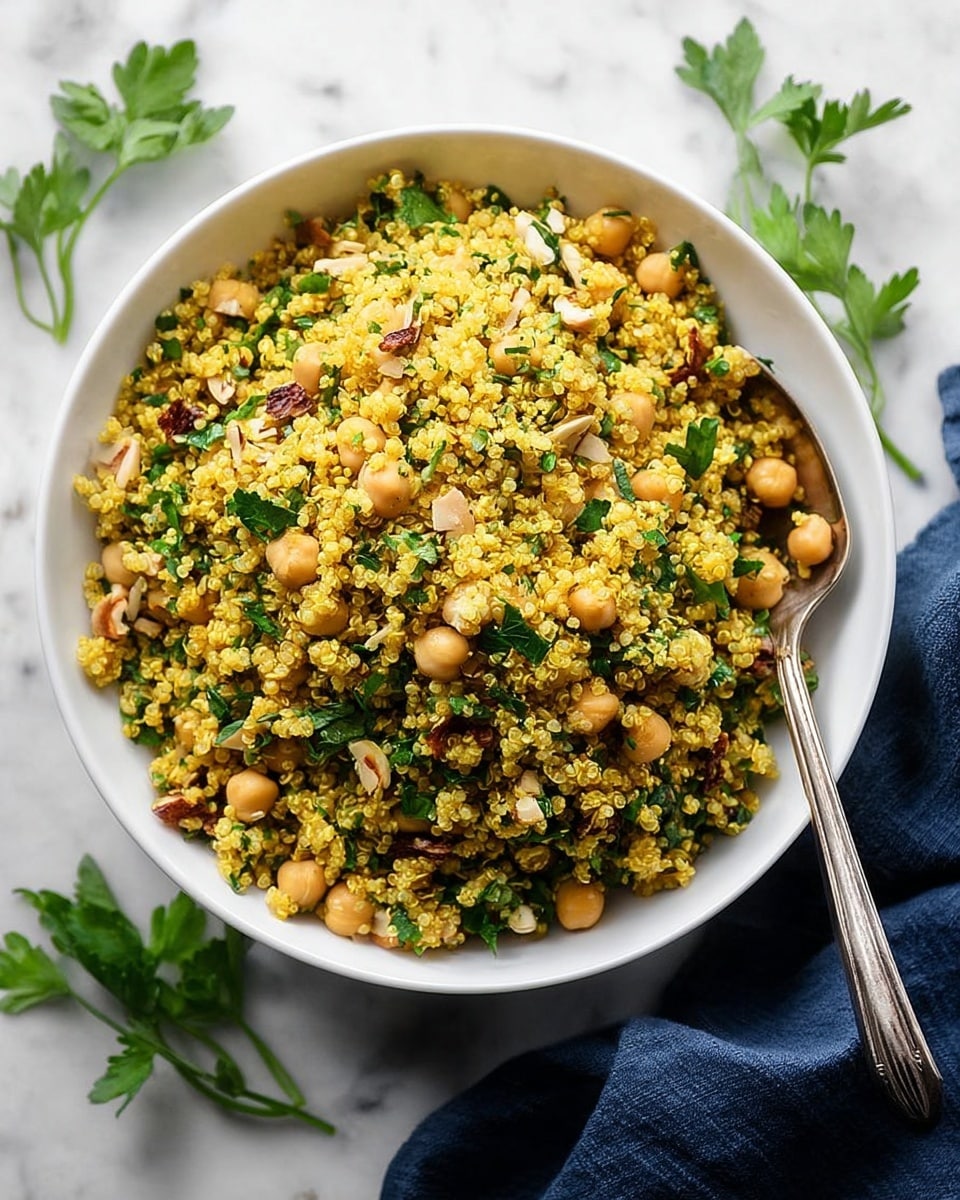A white bowl is filled with a bright yellow quinoa salad, showing a mix of small quinoa grains, light brown chickpeas, and bits of green leafy herbs scattered throughout. The quinoa looks fluffy and well separated, while the chickpeas provide a round, smooth texture. The herbs add a fresh look with their medium green color, evenly mixed in. The bowl is placed on a dark blue cloth, against a soft white marbled surface and a blurry background of light coming through a window, giving the dish a fresh and healthy feel. photo taken with an iphone --ar 4:5 --v 7