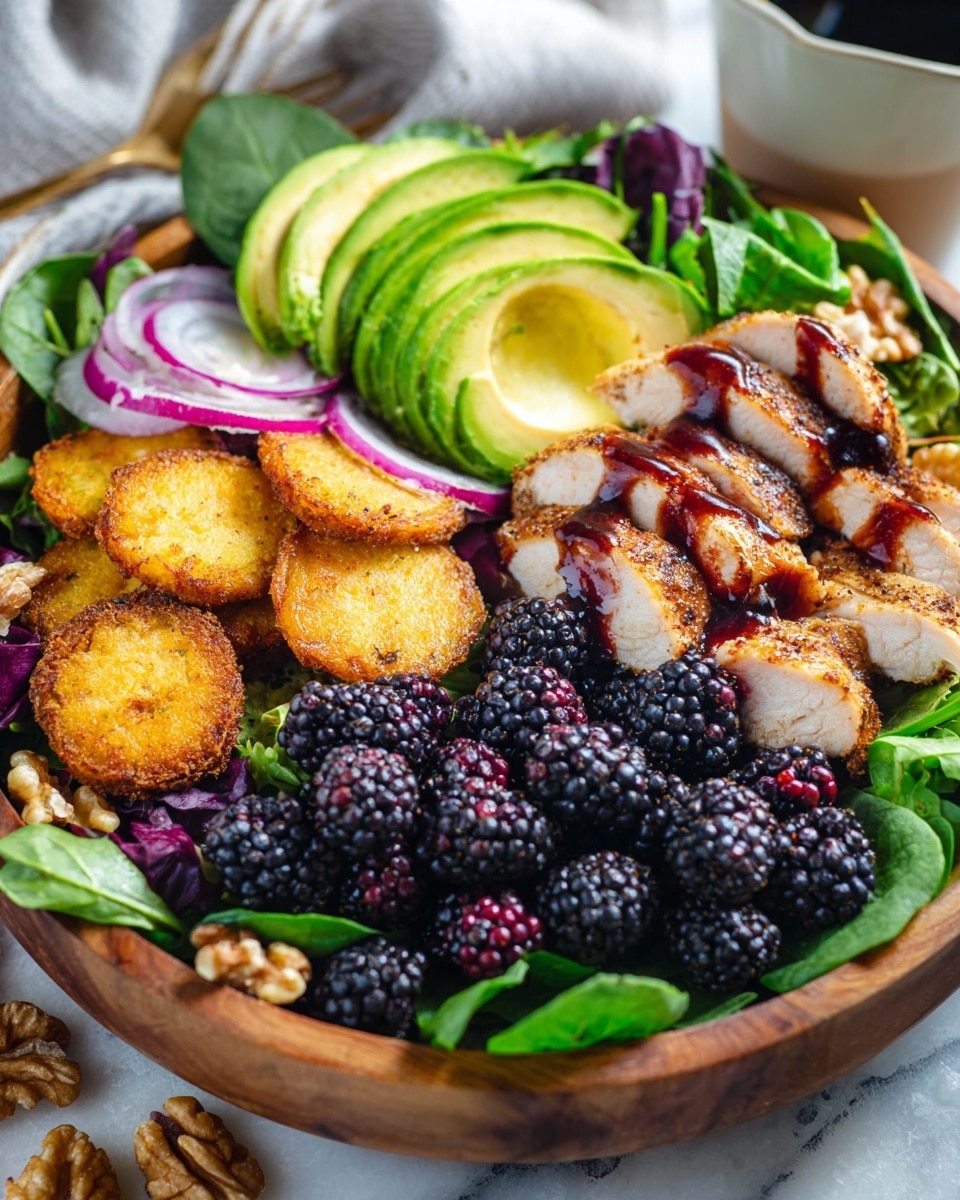 The dish is a vibrant salad in a wooden bowl placed on a white marbled surface. The base layer is a mix of fresh green and purple leafy greens, with some thin slices of purple onion scattered on top. On one side, there are three golden-brown breaded rounds that look crispy. Next to them, a cluster of light brown walnut pieces rests on the greens. Adjacent to the walnuts, several slices of grilled chicken breast with grill marks are layered neatly, topped with a dark red berry sauce. There are thick slices of fresh green avocado fanned out beside the chicken. The salad is generously garnished with whole blackberries and a drizzle of the same dark berry dressing is spread across the chicken, avocado, and leafy greens, making the dish colorful and appetizing. Photo taken with an iphone --ar 4:5 --v 7