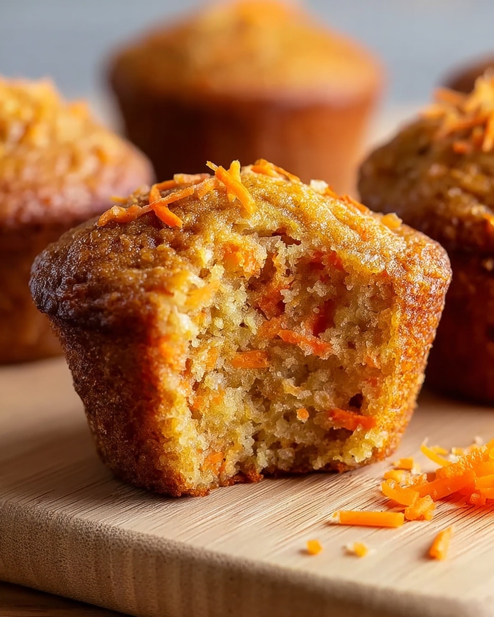 A close-up view of a single carrot muffin with one side bitten off, showing its inside texture filled with small orange carrot pieces. The muffin has a golden brown, slightly crispy crust on the outside, with visible shreds of carrot on the top. In the background, there are a few more muffins out of focus, resting on a light wooden board. The setting includes small pieces of grated carrot scattered near the muffin. The photo taken with an iphone --ar 4:5 --v 7