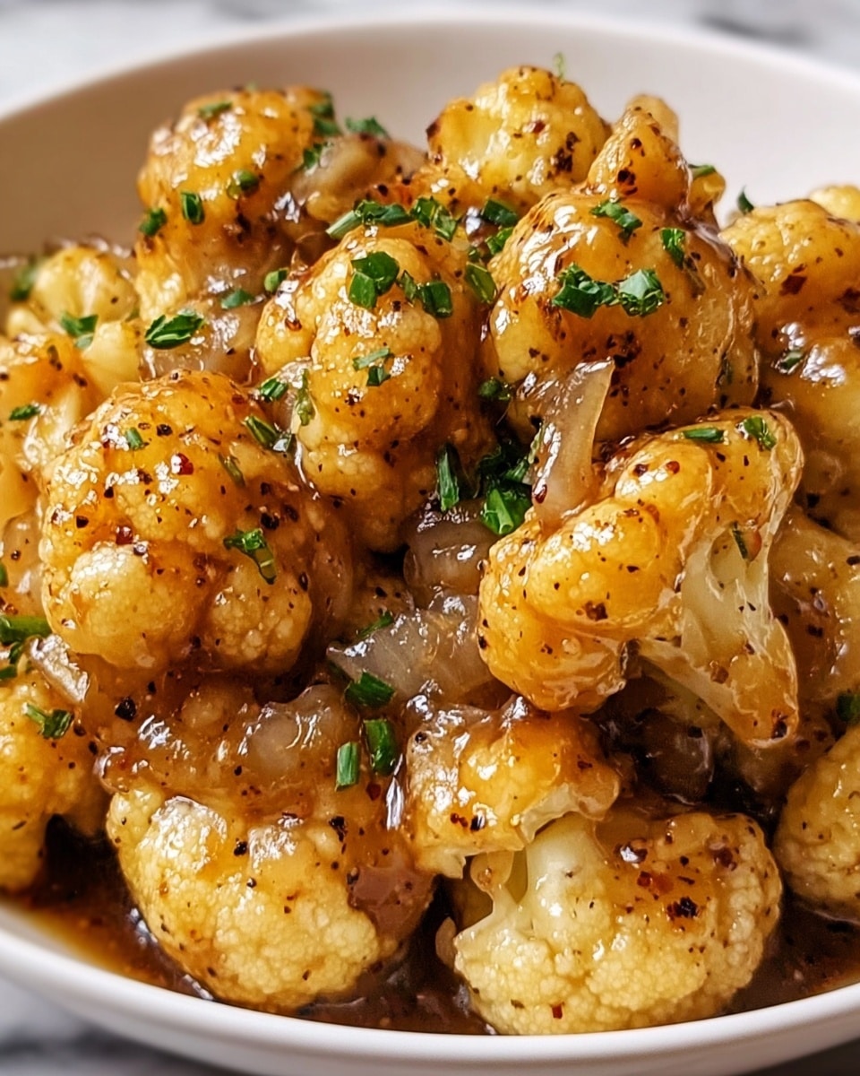 A close-up view of a bowl filled with golden-brown fried cauliflower pieces coated in a shiny, slightly sticky sauce with visible black specks of seasoning. The cauliflower pieces are piled high, with some small green herb bits scattered on top. A small yellow lemon wedge peeks out from the back of the bowl. The bowl is white and sits on a white marbled surface, giving a clean and bright look. photo taken with an iphone --ar 4:5 --v 7