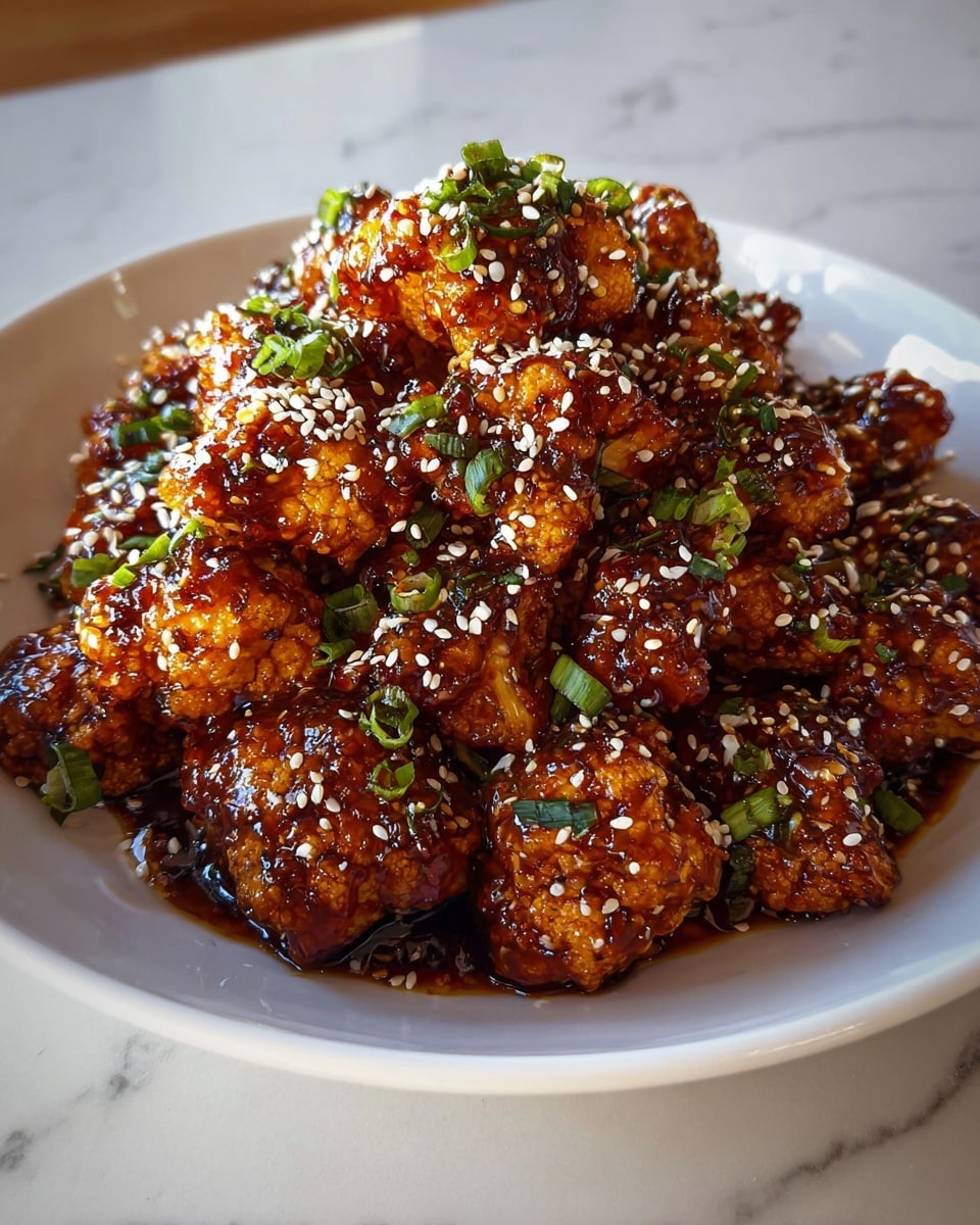 A white plate is filled with a mound of crispy golden-brown cauliflower florets coated in a sticky, shiny dark sauce. The cauliflower pieces show a mix of textures, with some parts slightly charred and others soft and tender. Bright green chopped scallions are scattered generously on top, along with white sesame seeds that add a small contrast. The plate sits on a white marbled surface, and the background is softly blurred, with natural light coming from a nearby window. photo taken with an iphone --ar 4:5 --v 7