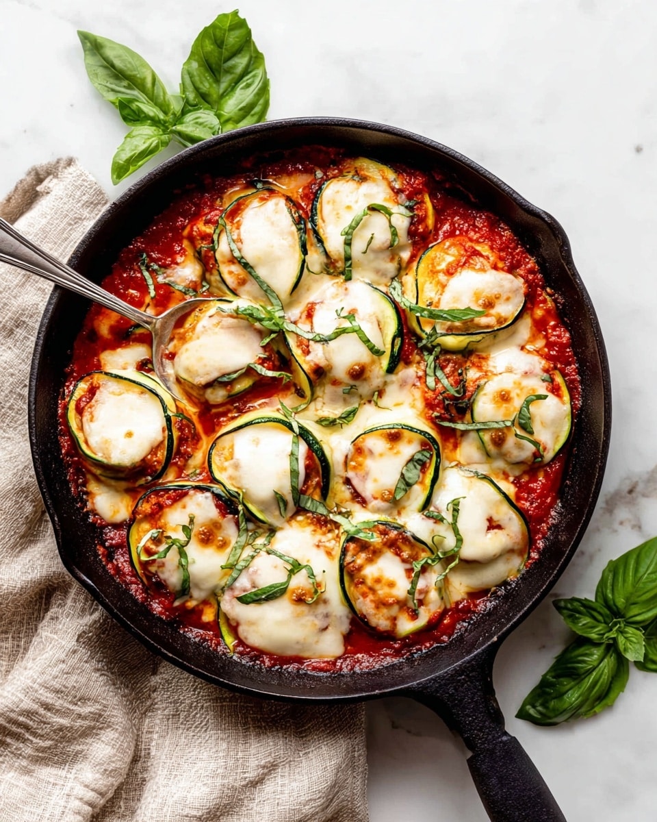 A small round stack of zucchini lasagna sits in the middle of a white speckled plate, with thin, slightly grilled green zucchini strips layered on top and folded around creamy white cheese and bright red tomato sauce. There is melted white cheese drizzled over the top, some red tomato sauce spread unevenly, and fresh green basil leaves placed on top and near the base. The plate rests on a white marbled surface, and a silver fork leans on the left side of the plate close to the lasagna. Photo taken with an iphone --ar 4:5 --v 7