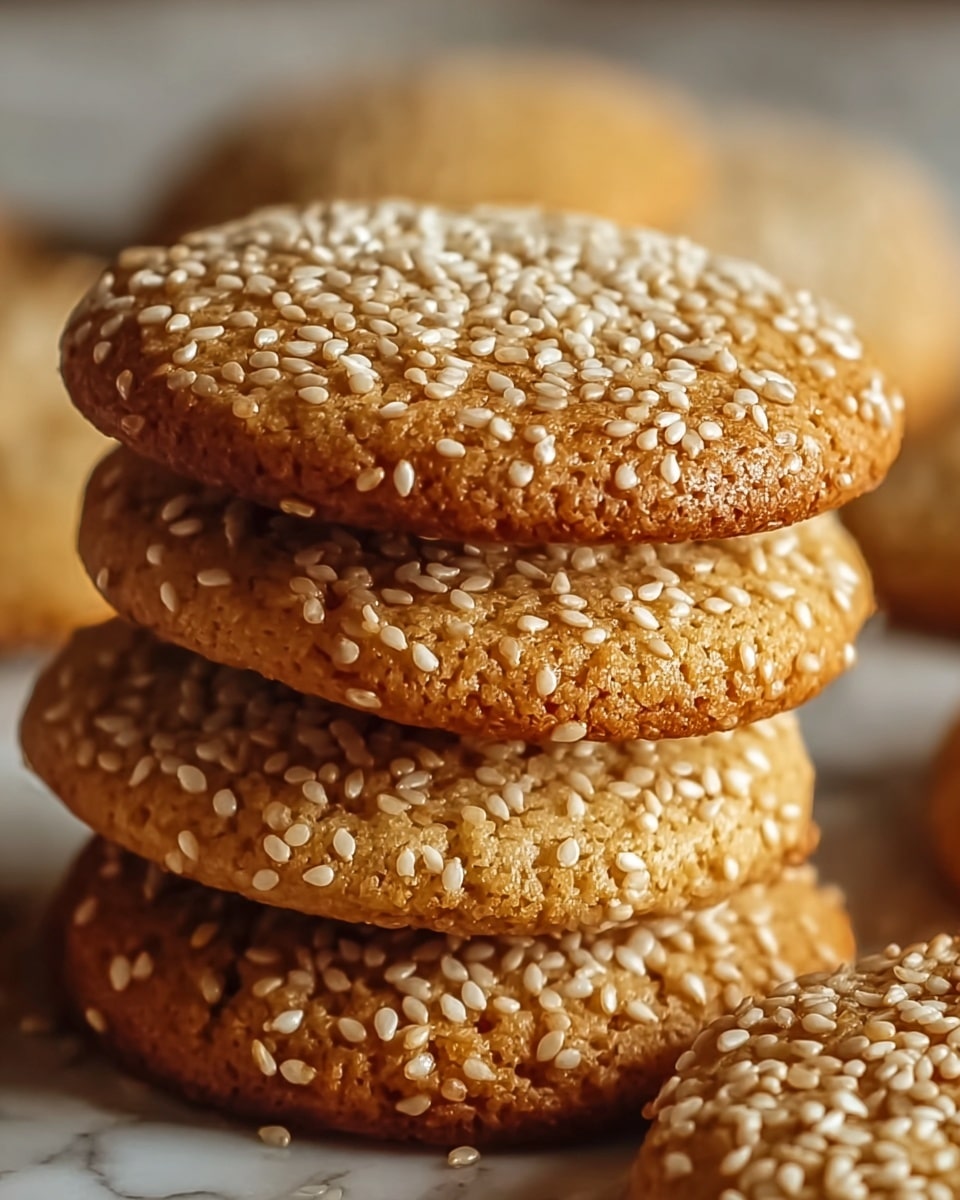 A close-up of a stack of three round cookies, each cookie covered entirely with small white sesame seeds. The cookies are golden brown with a slightly glossy and textured surface, showing a baked, crisp look. The edges are slightly rough, and the cookies are stacked unevenly on a white marbled texture, with more cookies blurred in the background. Photo taken with an iphone --ar 4:5 --v 7