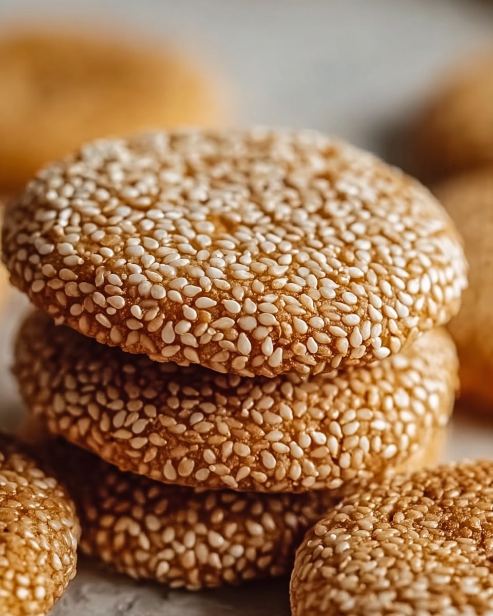 A close-up view of a stack of four round cookies, each cookie golden brown with a slightly rough texture, generously sprinkled with small, white sesame seeds all over the top surface. The cookies are thick and the edges are slightly cracked, showing their softness. The stack is in the center with a blurred background of more cookies, all resting on a white marbled surface. The lighting is warm, highlighting the texture and seeds. photo taken with an iphone --ar 4:5 --v 7