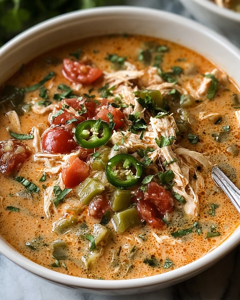 A close-up of a white bowl filled with chicken soup showing a creamy, light orange broth as the first layer, mixed with white beans and shredded pieces of white chicken meat throughout. The soup also contains diced green bell peppers and small red tomato chunks adding specks of color below a topping of fresh, bright green cilantro leaves scattered on top. A silver spoon is partially visible inside the bowl on the right side. The bowl sits on a white marbled surface. photo taken with an iphone --ar 4:5 --v 7