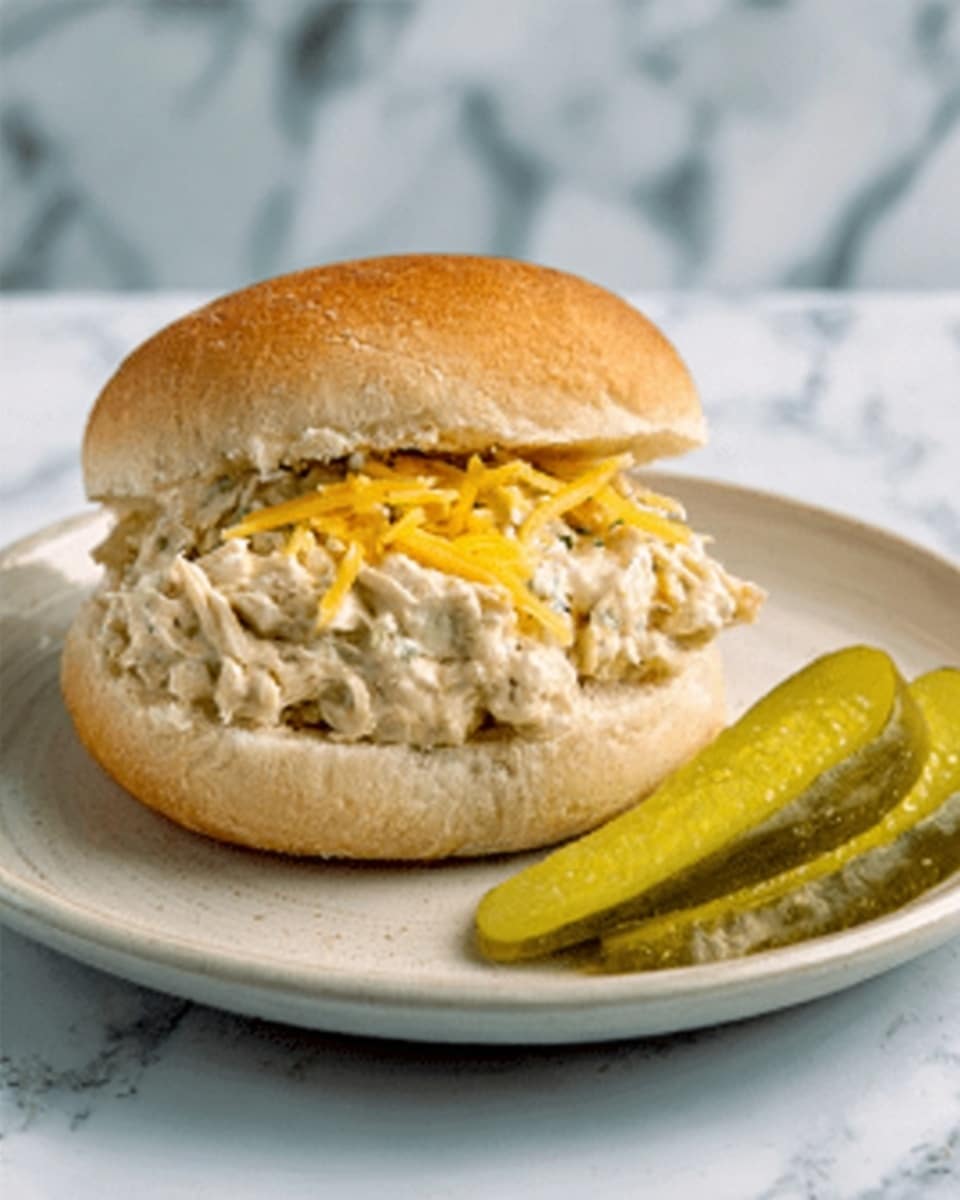 The image shows a sandwich on a soft, white bun with a filling of creamy, light beige chicken salad mixed with small bits visible inside. On top of the chicken salad, there is a small pile of shredded yellow and white cheese. The sandwich is placed on a simple white plate, with a green pickle spear laid beside it. The background has a white marbled texture. Photo taken with an iphone --ar 4:5 --v 7