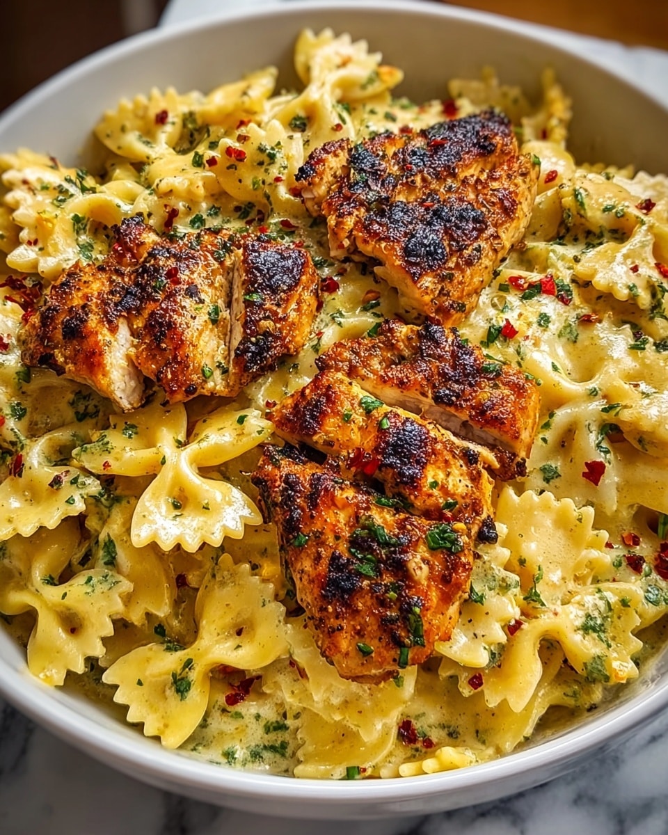 A white plate filled with bowtie pasta covered in creamy, yellow sauce with visible green herbs mixed in, topped with several pieces of dark golden-brown, grilled chicken arranged evenly over the pasta, the chicken has a crispy texture with herbs sprinkled on top, the sauce looks rich and smooth with herbs spread throughout, all set on a white marbled surface. photo taken with an iphone --ar 4:5 --v 7