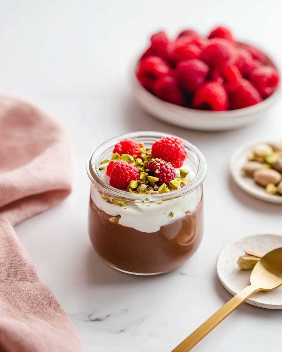 A small clear glass jar holds a dessert with three visible layers: the bottom layer is smooth and dark brown chocolate mousse, topped by a thin white cream layer, and the top is decorated with bright red raspberries and chopped green pistachios scattered over the cream. In the background, there is a white bowl filled with more fresh raspberries, slightly out of focus, placed on a white marbled surface. A gold spoon lies diagonally in the foreground next to a small white plate that holds extra chopped pistachios. A soft light pink cloth is softly folded on the left side. The setting is bright and clean, highlighting the vivid colors of the dessert and ingredients. photo taken with an iphone --ar 4:5 --v 7