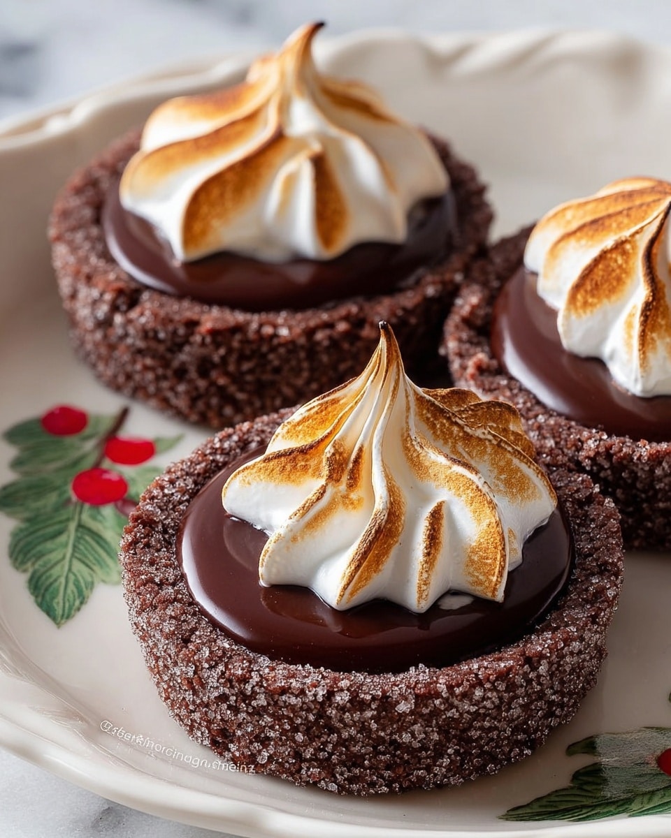 The image shows three chocolate tartlets on a white plate with a green leaf and red berry design near the edge. Each tartlet has three layers: the base is a rough-textured, dark brown chocolate crust coated with coarse sugar, the middle layer is a smooth, glossy dark chocolate filling, and the top layer is toasted meringue piped in swirled shapes with golden brown sear marks. Two tartlets only show the crust and chocolate filling, while the front tartlet has the added meringue on top. The plate sits on a white marbled surface. photo taken with an iphone --ar 4:5 --v 7