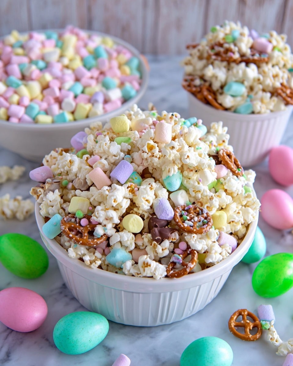 The image shows a white basket filled with a colorful mix of popcorn, small pastel-colored marshmallows, chocolate-covered pretzels, and tiny round candy sprinkles. The popcorn is white and fluffy, the marshmallows are light pink, blue, green, yellow, and purple, and the chocolate pretzels are brown. The mix is piled high, overflowing the basket. Around the basket, there are green, pink, and yellow plastic Easter eggs, some whole and one opened. In the background, a white bowl holds a heap of pastel mini marshmallows, and another white container is filled with the same popcorn mixture. The surface is a white marbled texture. Photo taken with an iphone --ar 4:5 --v 7