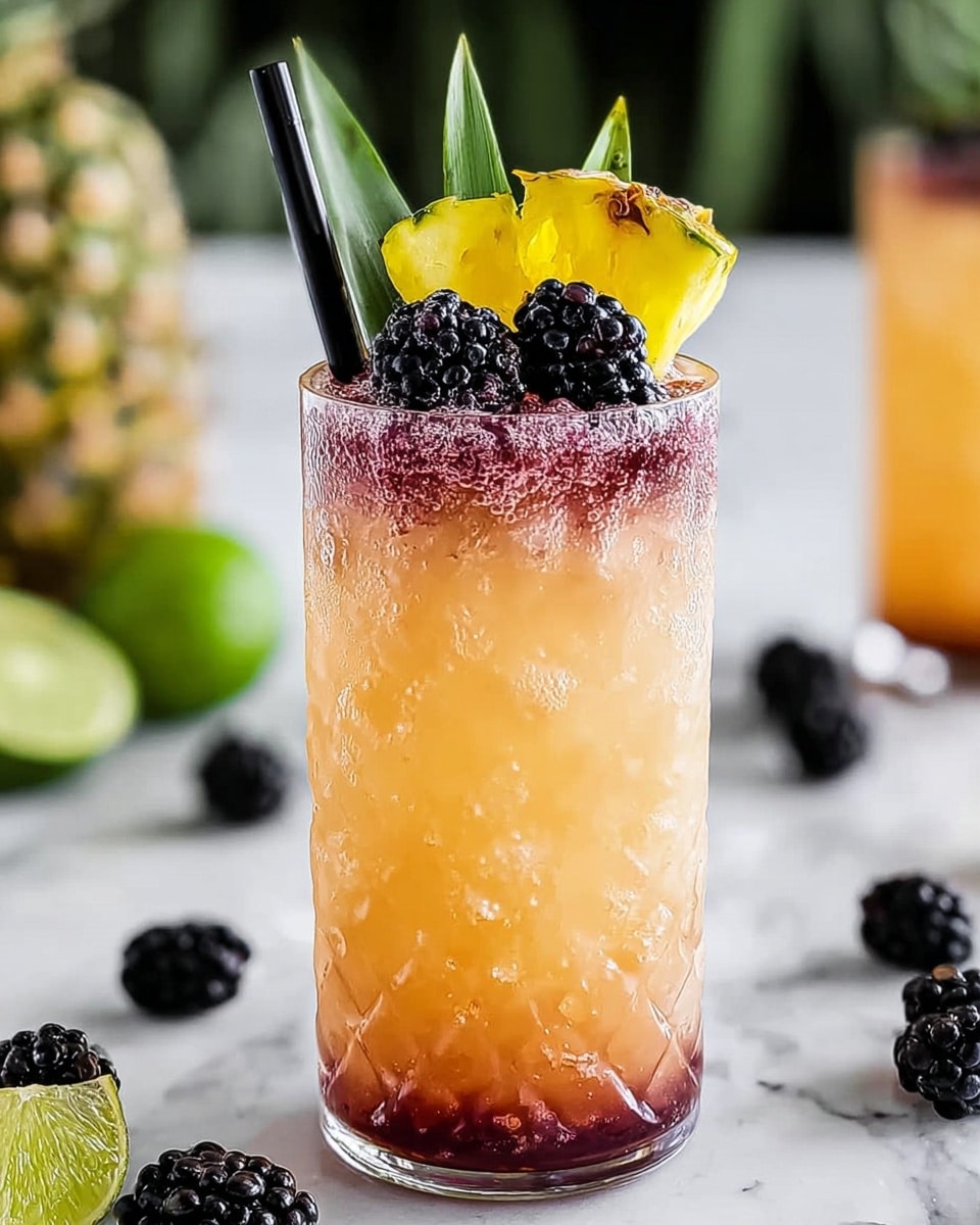 A tall, clear textured glass filled with crushed ice and light orange juice with a slightly darker layer near the top, topped with blackberries floating on the surface, garnished with a bright yellow pineapple wedge with green edges on the rim and a lime slice partially inside the glass, a black straw sticking out from the left side, all placed on a white marbled surface scattered with whole blackberries and ice cubes, with a blurred whole pineapple and halved lime in the background, photo taken with an iphone --ar 4:5 --v 7