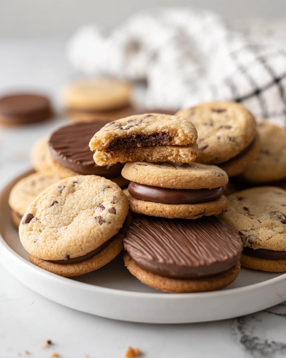 The image shows a pile of round sandwich cookies on a white plate, resting on a white marbled surface. Each cookie has two layers: the top and bottom layers are light brown with visible chocolate chips and a slightly cracked texture, and the middle layer is a smooth dark chocolate filling. Some cookies are facing up, showing the chocolate-chip cookie surface, while others are flipped to reveal a shiny, textured dark chocolate bottom layer. A bitten cookie is placed on top, showing the soft, crumbly cookie and the solid chocolate filling inside. A white cloth with a black grid pattern is softly blurred in the background. Photo taken with an iphone --ar 4:5 --v 7