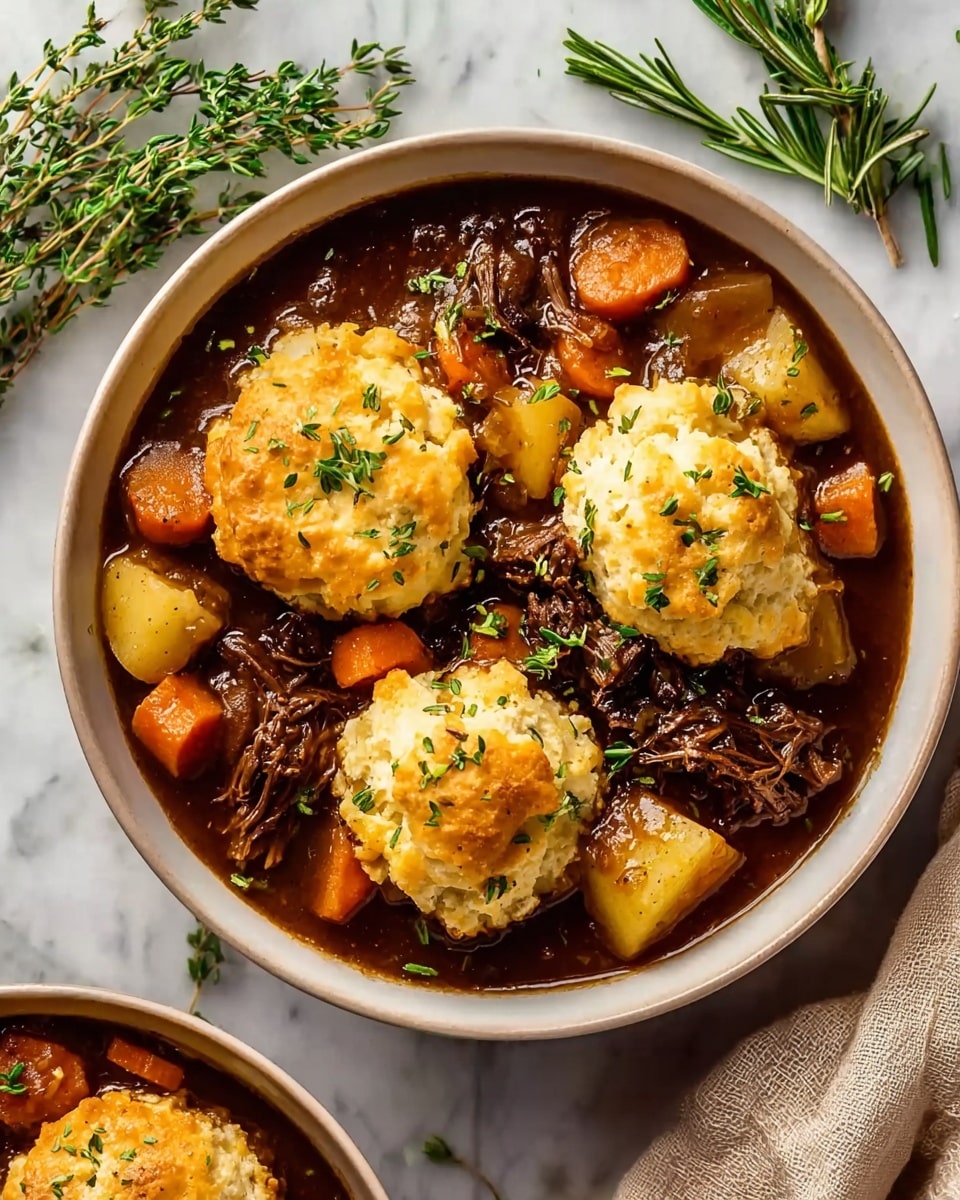 A white bowl contains a rich dark brown stew filled with chunky pieces of orange carrots and yellow potatoes. There are tender, shredded pieces of dark brown beef scattered throughout, soaking in the thick sauce. On top, two golden, slightly crispy biscuit dollops sit, with a textured, bubbled surface and sprinkled green herbs. A small sprig of fresh thyme rests gently on the top biscuit, adding a touch of green. The bowl sits on a white marbled surface, surrounded by sprigs of fresh rosemary and thyme and a beige cloth napkin nearby. photo taken with an iphone --ar 4:5 --v 7