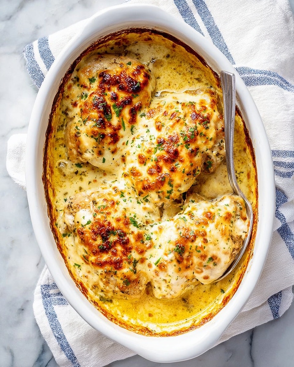 The image shows a white rectangular dish filled with three large pieces of chicken covered in a creamy white sauce, topped with a golden-brown baked layer with some reddish seasoning and finely chopped green herbs sprinkled evenly on top. The creamy sauce pools around the chicken, filling the base of the dish. The dish is placed on a white marbled surface with a blurry green garnish in the background. photo taken with an iphone --ar 4:5 --v 7