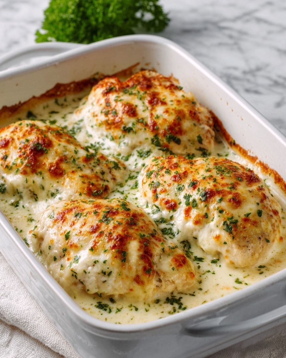 The image shows a white oval baking dish filled with three large pieces of baked chicken covered in a creamy, golden brown melted cheese layer that has bubbly and slightly charred spots. The creamy sauce beneath the chicken looks thick and yellowish, pooling around the edges. The chicken is sprinkled with small green herb bits, adding a touch of color. A silver spoon is resting inside the dish, partially under one piece of chicken. The dish is set on a white marbled surface with a white and blue striped cloth nearby. Photo taken with an iphone --ar 4:5 --v 7
