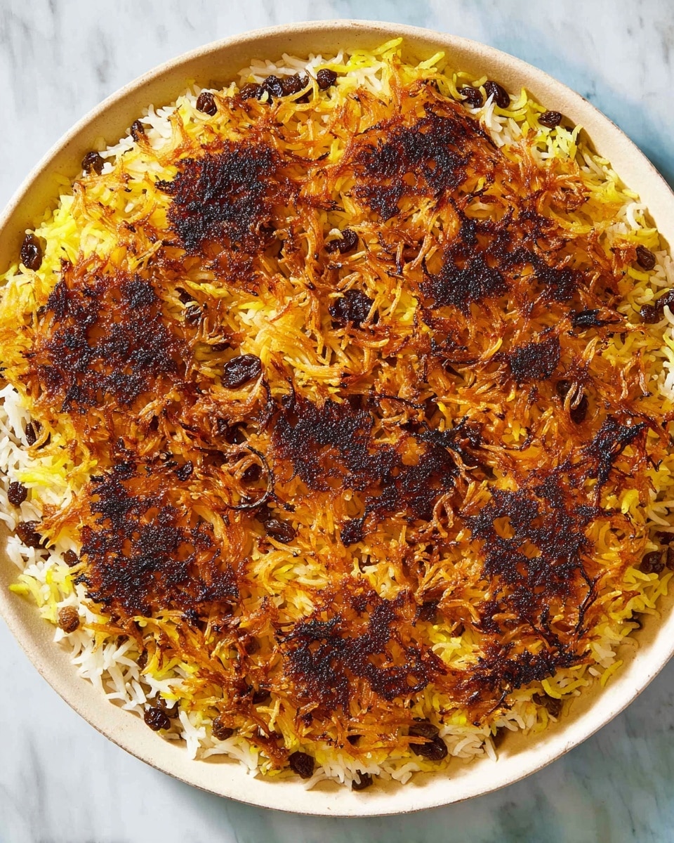 A white plate holds a layered rice dish with a thick, golden-brown crispy crust on top that looks crunchy and uneven with some darker browned spots, beneath which there are layers of fluffy white and yellow rice mixed with small lentils and raisins. The rice is visibly textured with individual grains and some onions mixed throughout. A silver spoon with a white handle rests on the plate, partially under the rice, and the plate sits on a surface with a white marbled texture. photo taken with an iphone --ar 4:5 --v 7