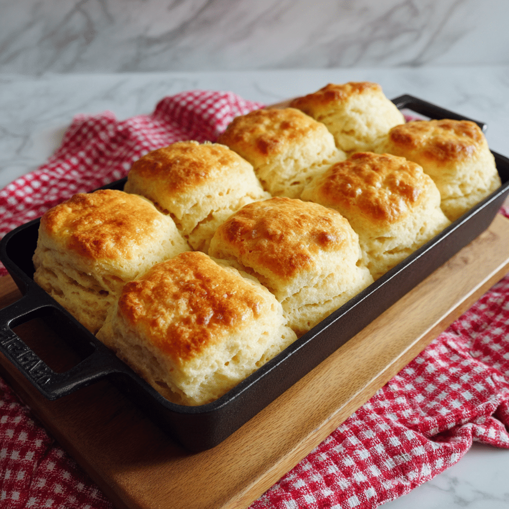 The image shows a cast iron rectangular pan filled with twelve soft baked biscuits arranged in three rows of four. Each biscuit has a slightly golden brown top with a fluffy, pale yellow texture beneath, creating a warm and inviting look. The biscuits are touching each other and fit snugly in the pan, which rests on a wooden board covered partly by a red and white checkered cloth. The background features a white marbled texture. photo taken with an iphone --ar 4:5 --v 7
