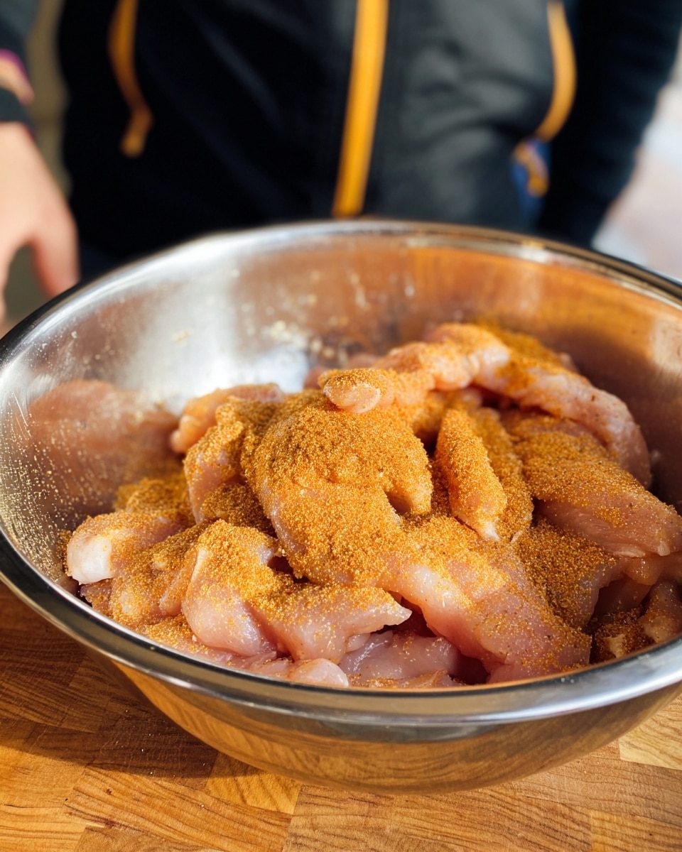 A close-up view of raw chicken strips in a shiny silver metal bowl, covered with a light layer of orange-brown seasoning powder evenly spread on top, showing the pink texture of the chicken beneath. The bowl is resting on a wooden surface with a slightly worn texture, and a person wearing a black jacket with a gold zipper is visible in the background. photo taken with an iphone --ar 4:5 --v 7