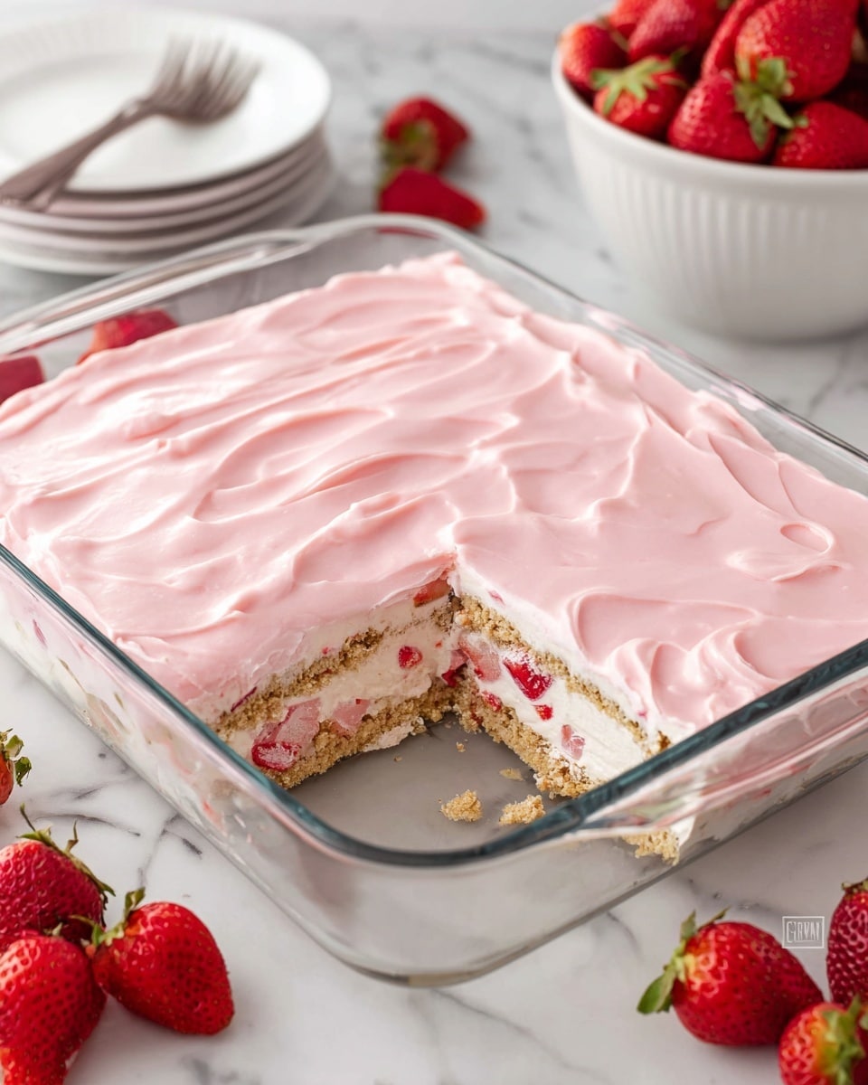 The dessert is in a clear glass square dish with a three-layer structure. The bottom layer is a light brown crumbly base, topped with a thick white creamy layer mixed with red strawberry pieces. Above this is another light brown crumbly layer similar to the base, followed by a smooth, thick, pink creamy top layer spread evenly with soft swirls. The dish sits on a white marbled surface, with fresh whole and sliced strawberries around it, and a white bowl of whole strawberries in the background. photo taken with an iphone --ar 4:5 --v 7