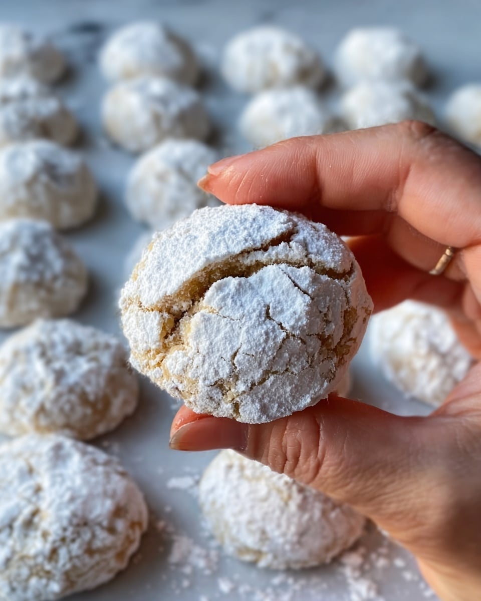 The image shows a close-up of a woman's hand holding a round, cracked cookie covered in white powdered sugar. The cookie is soft with a rough texture visible through the cracks. In the background, many similar cookies are spread out evenly on a white marbled surface, each one also covered in powdered sugar, creating a uniform look. The focus is on the held cookie, making it appear larger and detailed with the rest softly blurred. photo taken with an iphone --ar 4:5 --v 7