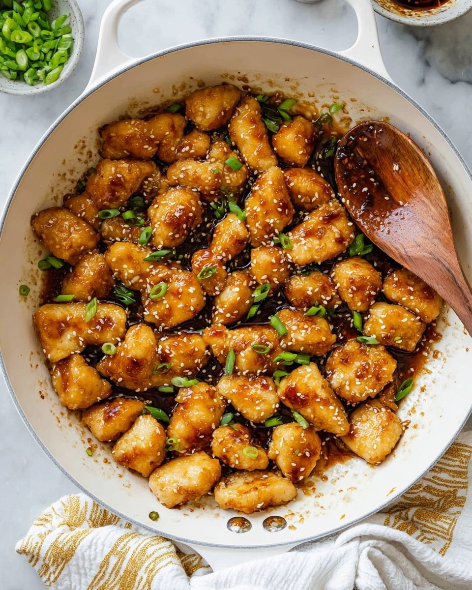 The image shows a white pan filled with golden-brown chicken pieces cooked in a glossy, dark sauce. The chicken pieces are bite-sized and look crispy on the outside, covered lightly with the thick sauce. There are bright green chopped spring onions scattered evenly on top of the chicken, adding a fresh touch of color. A wooden spoon is partially lifting some chicken pieces from the pan. The pan sits on a white marbled surface. photo taken with an iphone --ar 4:5 --v 7
