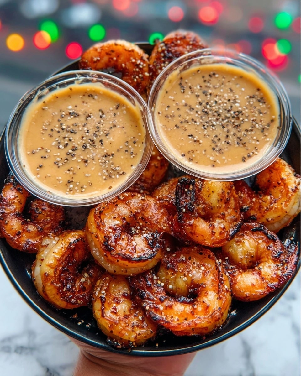 A black plate filled with two layers of golden-orange shrimp that have red chili flakes and black pepper sprinkled on top, giving them a spicy and textured look. Behind the shrimp, there are two clear glasses filled with a light yellow creamy sauce, each topped with a small amount of red chili powder for decoration. The plate is placed on a white marbled surface with blurry colorful lights in the background, making the shrimp and sauces stand out. Photo taken with an iphone --ar 4:5 --v 7