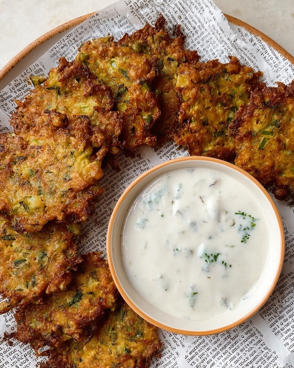 A close-up view shows a woman's hand holding a golden brown, crispy fritter with small bits of green herbs visible inside, half dipped in a creamy white sauce with a thick texture and green flecks. The fritter is round and uneven in shape with a crunchy texture surface. Below, several more fritters are arranged in a circle on white paper that resembles a newspaper, placed on a white plate with a wooden table underneath, though the surface is changed to a white marbled texture. The colors are warm with the fritters showing shades of brown and green, contrasting with the cool white of the sauce. Photo taken with an iphone --ar 4:5 --v 7