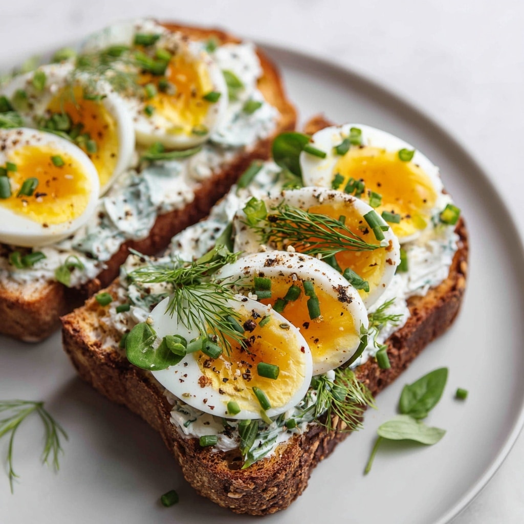 Four pieces of toast are arranged on a large white plate with a thin dark rim, placed on a white marbled surface with a gray checkered cloth to the right. Each toast has a crunchy, golden-brown crust and is evenly spread with a thick layer of white creamy cheese. On top of the cheese, halved boiled eggs with bright yellow yolks and firm white edges are neatly placed. Green fresh herbs, like basil and dill, are scattered over the eggs, adding small pops of color and a touch of freshness. A light sprinkle of black pepper dots the whole dish, giving it a final textured look. photo taken with an iphone --ar 4:5 --v 7