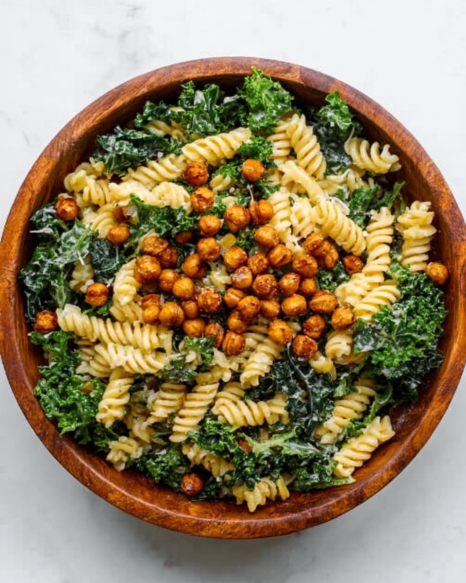 A wooden bowl filled with a fresh pasta salad, showing three main layers: at the bottom are pale yellow spiral pasta, mixed throughout with chopped, dark green leafy kale. Scattered on top are crispy, round roasted chickpeas, golden brown with a slightly reddish tint, adding texture and color contrast. Two wooden spoons rest inside the bowl on the right side, ready for serving, all set on a white marbled surface. photo taken with an iphone --ar 4:5 --v 7