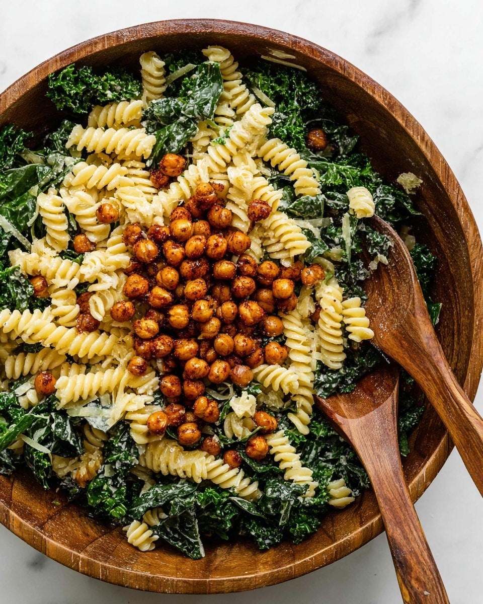 A round wooden bowl filled with a pasta salad sits on a white marbled surface. The dish has three main layers: the bottom layer mostly consisting of dark green, curly kale leaves that are fresh and slightly crinkled; the middle layer is light yellow rotini pasta spirals, well coated but not soggy; scattered evenly on top are golden-brown roasted chickpeas that add a crispy texture. The overall look is fresh and colorful with a mix of green, yellow, and brown tones. photo taken with an iphone --ar 4:5 --v 7