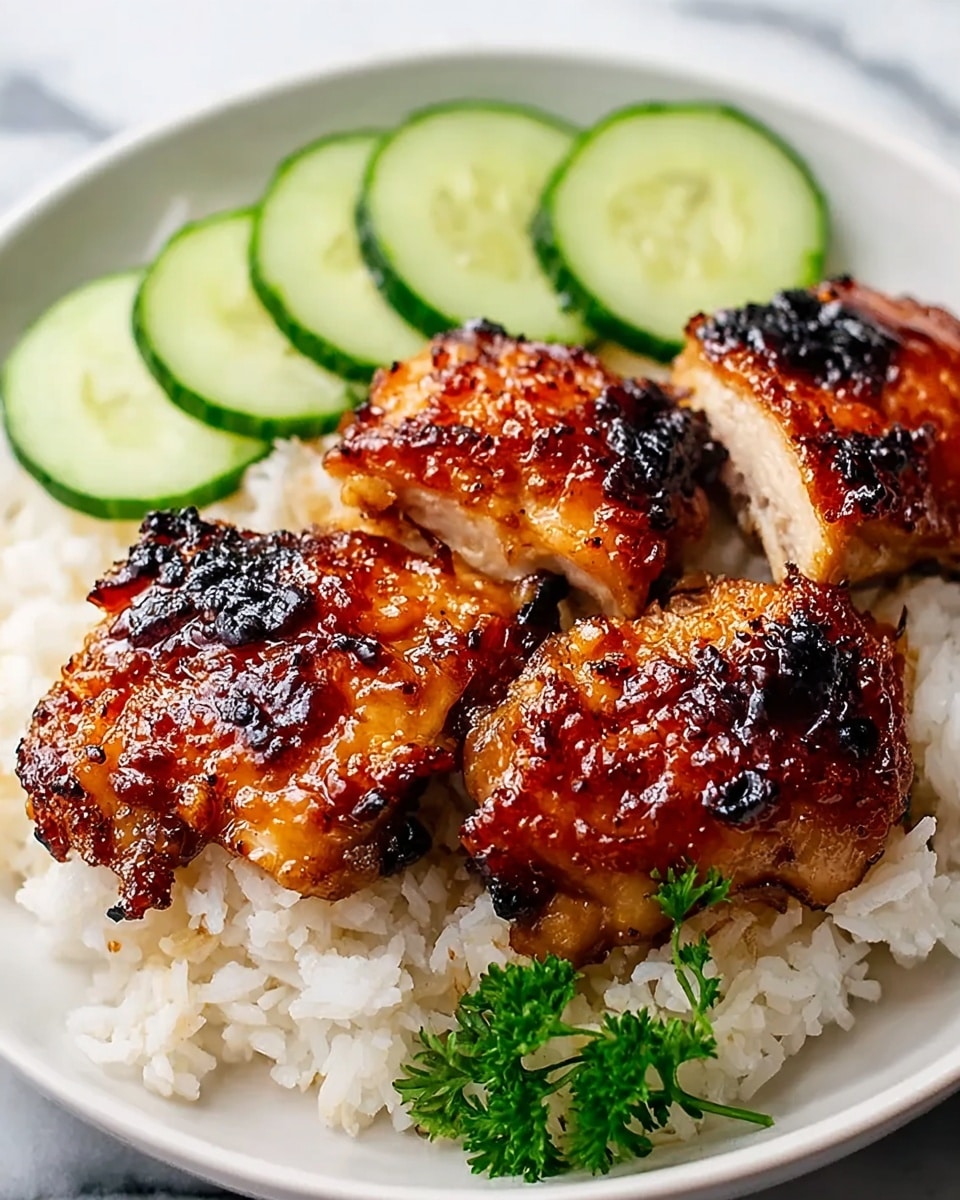 The image shows a white round plate filled with a base layer of fluffy white rice. On top of the rice are five pieces of grilled chicken thighs, each with a shiny, caramelized glaze that is golden brown with darker charred spots. To the back of the plate, there are a few slices of fresh cucumber with pale green skin and a light inner texture. A small sprig of green parsley is placed on the rice near the front left side of the plate. The plate is set on a white marbled surface. photo taken with an iphone --ar 4:5 --v 7
