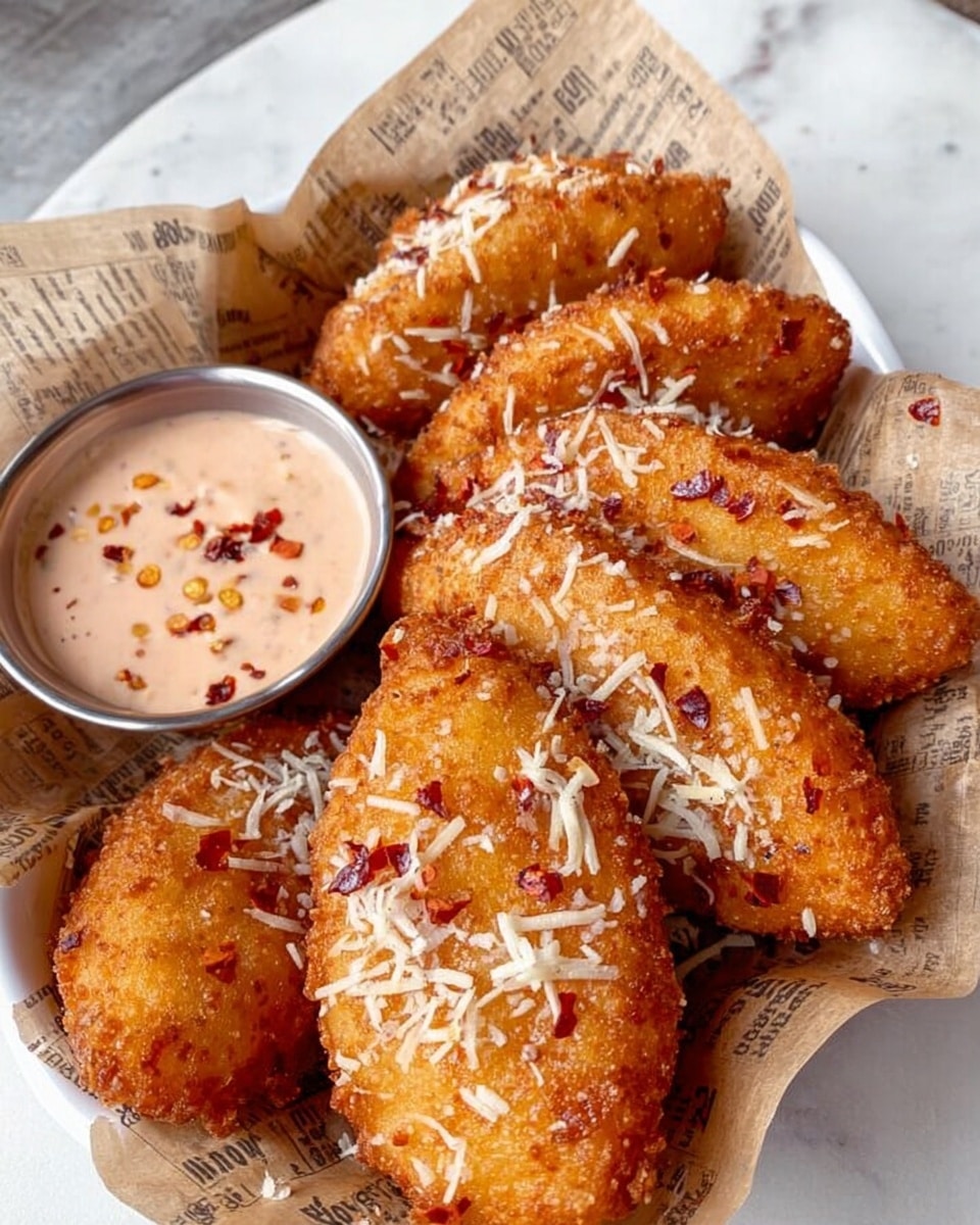 This image shows a white plate lined with light brown parchment paper printed with text, holding a pile of golden brown, oval-shaped fried snacks. Each piece has a crispy texture with small white shredded cheese sprinkled generously on top. On the left side of the plate, there is a small silver bowl filled with a creamy light pink dipping sauce sprinkled with red chili flakes. The background surface is a white marbled texture. photo taken with an iphone --ar 4:5 --v 7