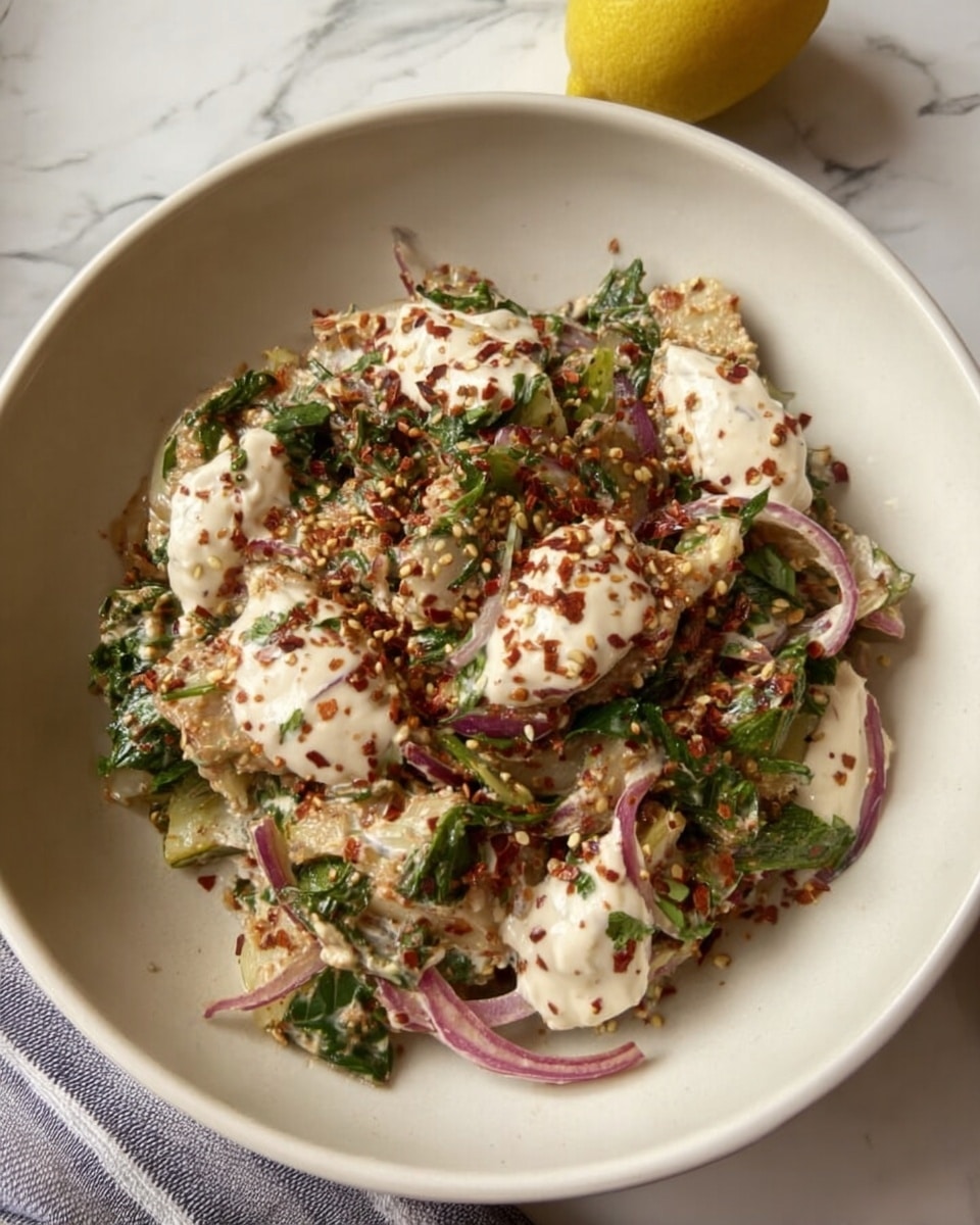The dish is served in a shallow white bowl filled with a mixed salad that has several layers. The base is a mix of light brown and green textures from cooked vegetables and herbs, with visible slices of thin red onions scattered throughout. On top, dollops of creamy white sauce are spread unevenly, adding a smooth texture contrast. The dish is further sprinkled with red chili flakes and light sesame seeds, adding small pops of red and off-white on the surface. The bowl is placed on a white marbled textured surface, with a lemon partly visible in the frame. photo taken with an iphone --ar 4:5 --v 7