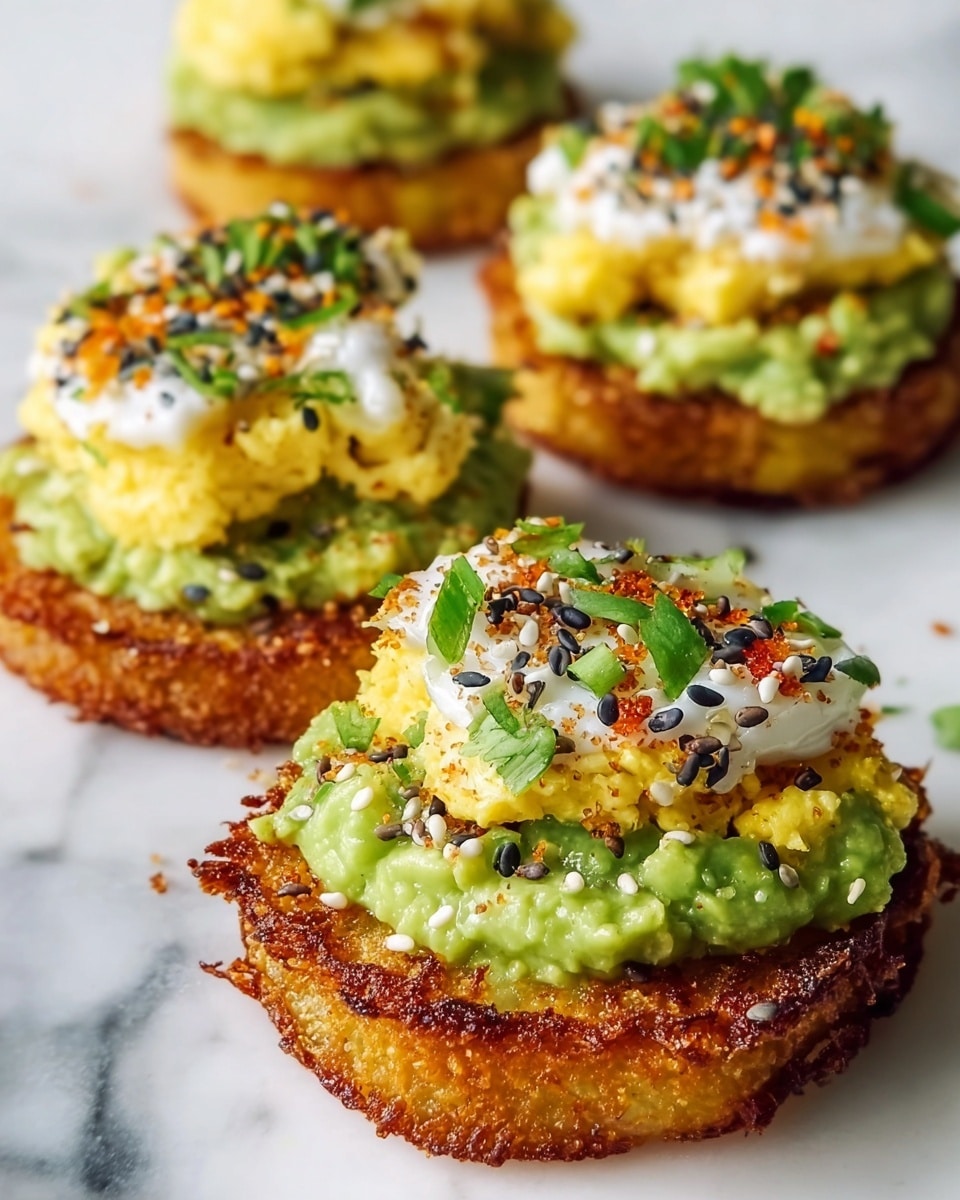 The image shows four small stacks of food placed on a white marbled surface. Each stack has three layers: the bottom layer is a golden-brown, crispy round base with uneven edges, looking crunchy and fried. The middle layer is a smooth, light green spread, resembling mashed avocado. The top layer consists of soft, yellow scrambled eggs topped with a dollop of white cheese or cream, sprinkled with black and white sesame seeds, small orange bits, and finely chopped green herbs. The overall look is colorful, fresh, and textured, with a mix of creamy and crunchy elements. photo taken with an iphone --ar 4:5 --v 7