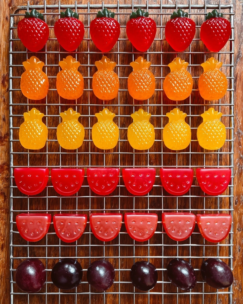 A white plate holds four groups of colorful gummy candies arranged in separate sections. The top left area is filled with shiny, red gummies shaped like strawberries, each with a small leafy top texture. To the right of them, bright yellow gummies shaped like small pineapples with textured skin and leafy tops fill their space. Below the strawberries, semi-circular red gummy pieces are neatly placed. The bottom left part of the plate has smooth, round black gummies clustered together. The plate is set on a white marbled surface with a strawberry-patterned cloth, fresh strawberries, black grapes, and a lemon slice around it. Photo taken with an iphone --ar 4:5 --v 7