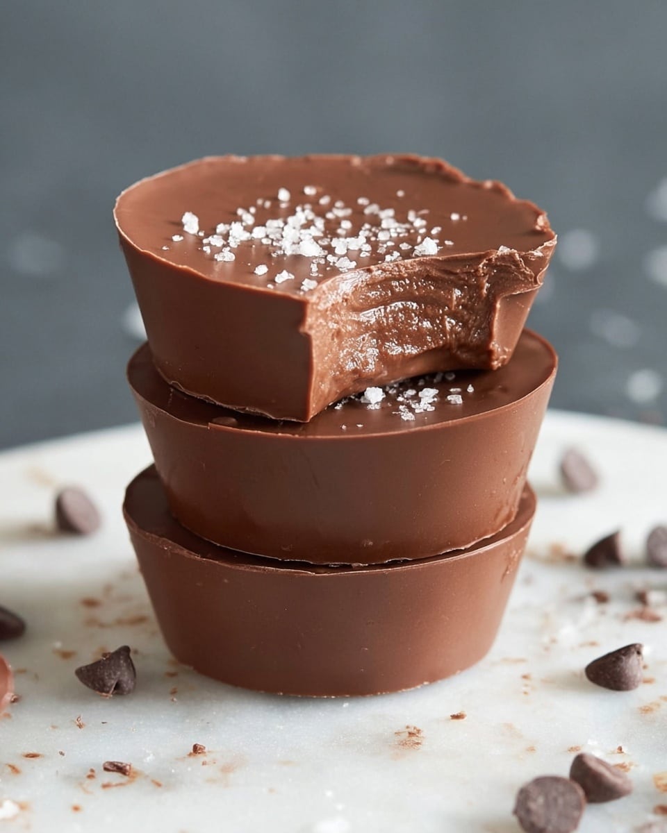 A close-up image shows a stack of four smooth, round chocolate cups with thick walls, each layered directly on top of the other on a white marbled surface with small crumbs around. The top cup has a bite taken out of its upper rim, revealing a creamy, rich, and slightly textured chocolate filling inside. The outer surface of each cup is a uniform milk chocolate brown with a subtle matte finish. The top edge of the upper cup is decorated with small white salt flakes, adding a slight contrast. The background is blurred with a dark, soft texture that makes the chocolate cups stand out. Photo taken with an iphone --ar 4:5 --v 7