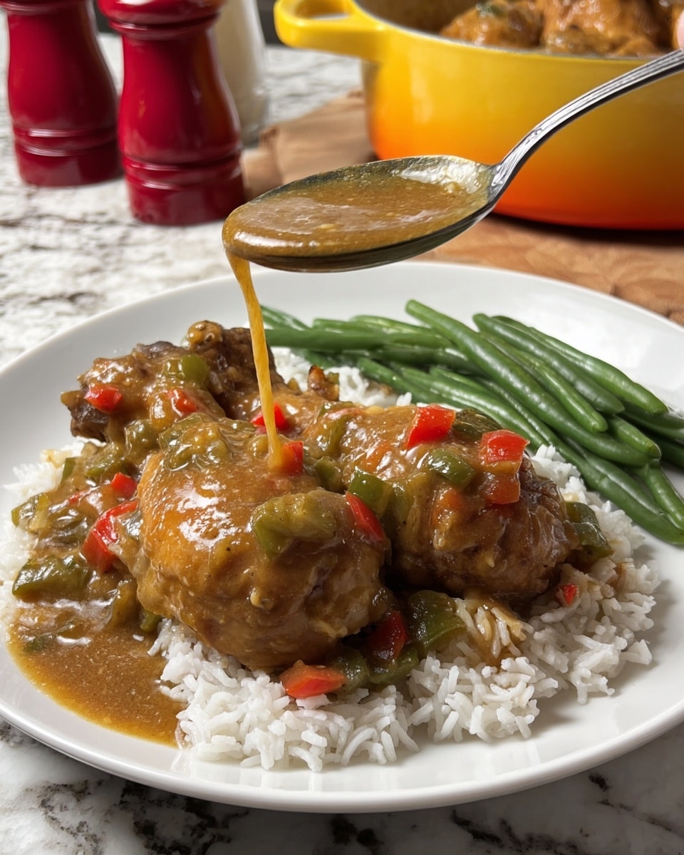 The dish is served on a white plate with a bed of white rice at the bottom, topped with two brown chicken drumsticks covered in a thick, brown gravy with visible pieces of green bell peppers and red peppers scattered throughout. To the back left of the plate, there is a small pile of bright green cooked green beans. To the back right of the plate, there is a slice of buttered white bread with melted butter spread evenly across the surface. The plate is placed on a white marbled surface, and in the background, a yellow pot with more of the chicken stew is partially visible on the right side, along with red salt and pepper shakers on a white tray on the left. Photo taken with an iphone --ar 4:5 --v 7