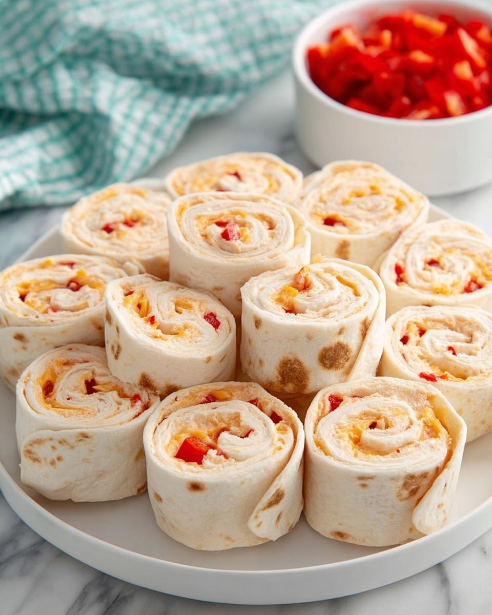 A white round plate holds about fifteen tortilla roll-ups arranged in two layers; each roll-up is creamy white with light brown spots on the tortilla outside, and inside it has a soft creamy layer mixed with small bits of red peppers and shredded light orange cheese, visible where the tortilla spirals. In the background, there is a white bowl filled with diced red peppers sitting on a white marbled surface, accompanied by a teal and white checkered cloth. The overall look is fresh and inviting. photo taken with an iphone --ar 4:5 --v 7