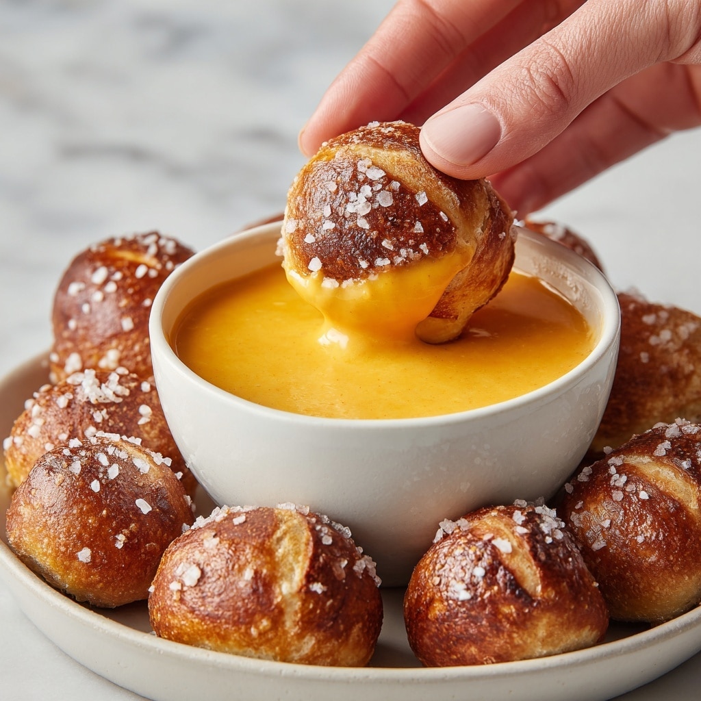A woman's hand is dipping a small, golden-brown soft pretzel bite with coarse salt on top into a white bowl filled with smooth, bright orange cheese sauce, held against a white marbled background. Around the bowl, there are more soft pretzel bites scattered, showing their shiny, baked exterior with a slightly crispy texture. The cheese sauce looks creamy and thick, evenly coating the pretzel bite. photo taken with an iphone --ar 4:5 --v 7