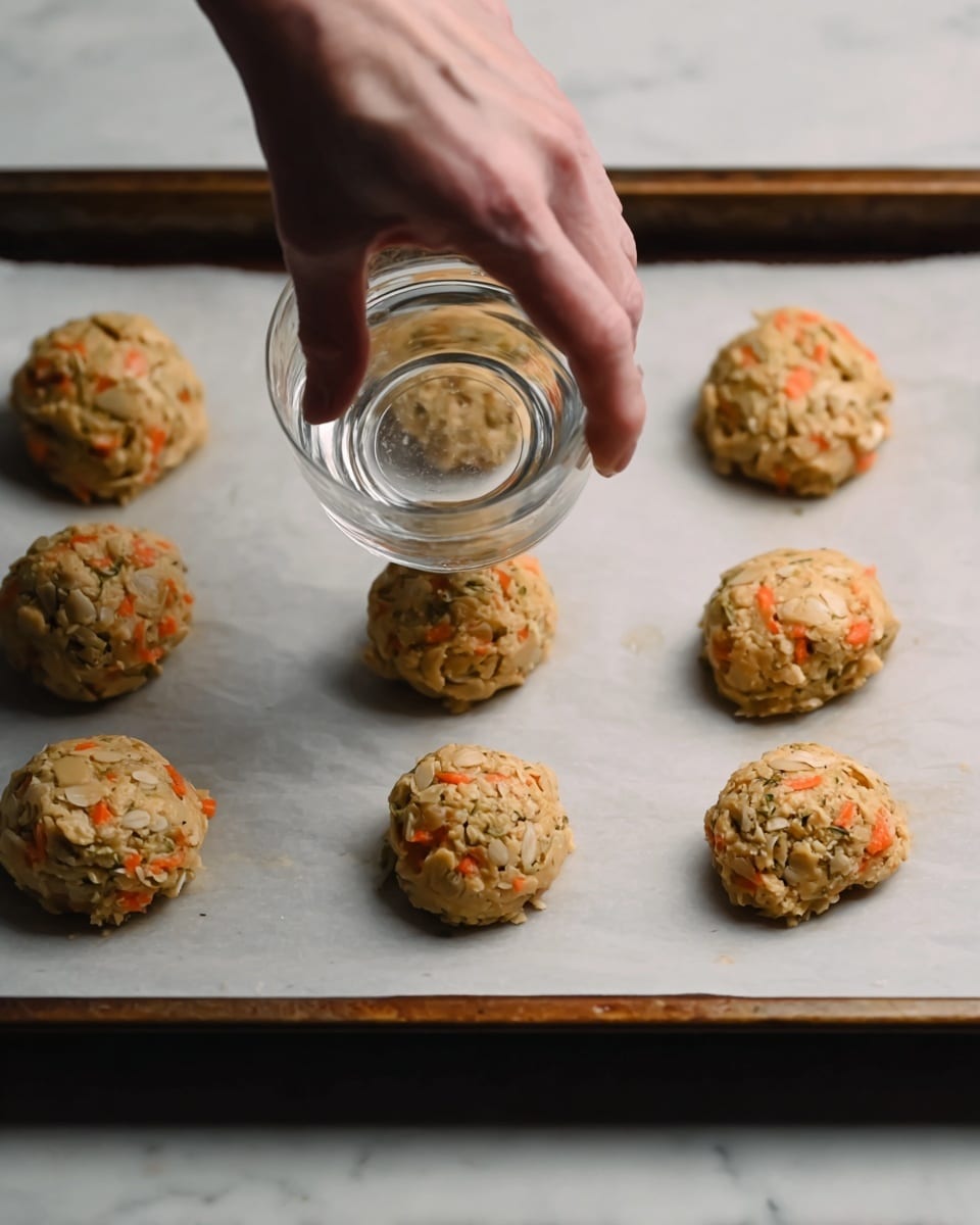 The image shows several round cookie dough balls arranged on a baking tray covered with white parchment paper. The dough is light beige with visible orange carrot pieces and pale oats mixed throughout, giving a rough texture to the dough balls. A woman's hand is pressing down on one dough ball with a clear glass, flattening it slightly. The baking tray edges are dark metal, and the surface underneath has a white marbled texture. Photo taken with an iphone --ar 4:5 --v 7