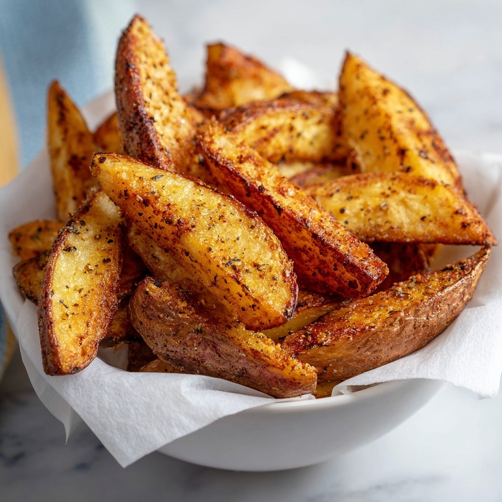 The image shows a pile of oven-baked steak fries, which are thick potato wedges with a crispy golden-brown crust and some darker roasted spots. The fries have a textured surface with specks of seasoning and black pepper, and the potato skin is still visible on some edges, adding a rustic look. They are placed on a white paper that lines a white bowl, with the fries filling the bowl almost fully. The background has a soft blur with hints of blue and orange colors, and the overall setting rests on a white marbled surface. photo taken with an iphone --ar 4:5 --v 7