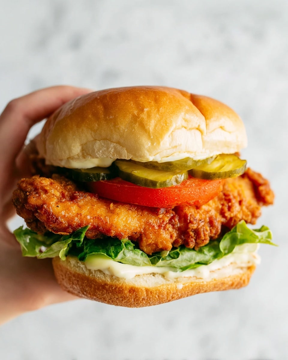 A close-up image of a fried chicken sandwich held in a woman's hand, showing five clear layers: the top soft, golden brown bun has a smooth texture; under it, bright green pickle slices sit on a thick, crispy, golden-brown fried chicken fillet with a crunchy texture; below the chicken is a thick slice of red tomato that looks juicy; beneath the tomato, fresh green lettuce with crisp leaves; and finally, a white bun bottom topped with creamy light yellow mayonnaise, all set against a white marbled background. photo taken with an iphone --ar 4:5 --v 7