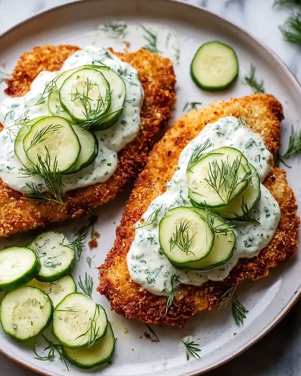 Two pieces of golden brown fried breaded fillets lie on a white plate, each topped with a thick, creamy white sauce speckled with green herbs. On top of the sauce are thin light green cucumber slices arranged neatly, garnished with small fresh dill sprigs. Extra cucumber slices are scattered on the white marbled surface surrounding the plate, adding a fresh contrast to the crispy textured fillets. photo taken with an iphone --ar 4:5 --v 7
