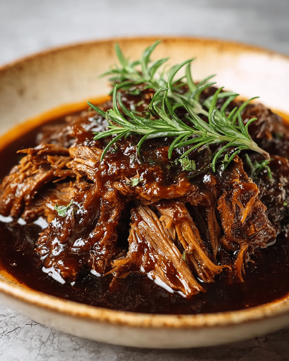 A close-up view of tender shredded beef covered in a dark brown, thick sauce with a glossy texture, arranged in a rustic shallow white bowl. The beef layers show strands of juicy meat soaked in the rich sauce, layers varying in shades of medium to deep brown. On top, fresh green rosemary sprigs add a pop of color and decorate the surface, making the dish look more flavorful. The bowl rests on a white marbled texture background, enhancing the warm colors of the meat and sauce. photo taken with an iphone --ar 4:5 --v 7