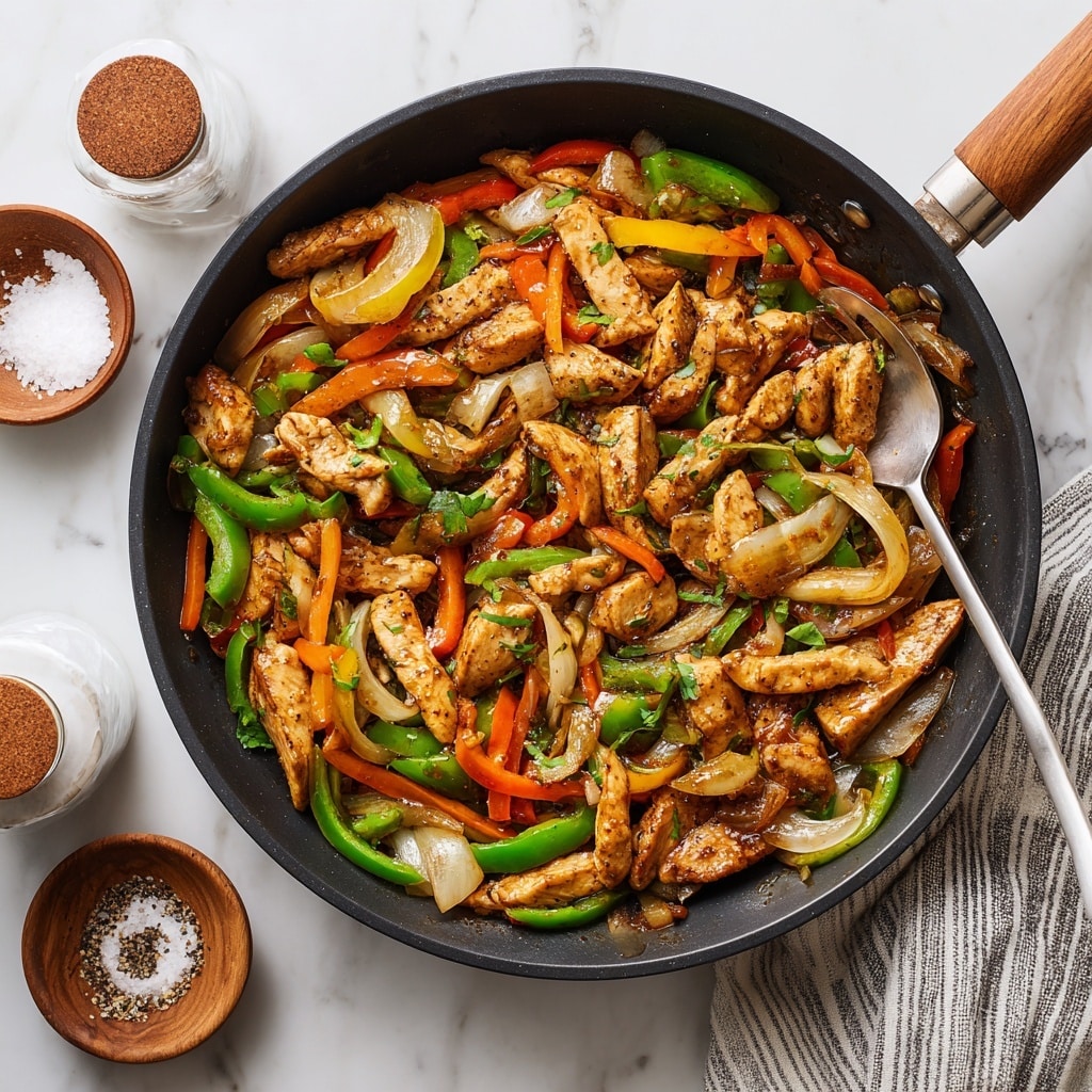 A round gray plate holds a bed of white rice with a slightly fluffy texture forming the bottom layer, covering most of the plate. On top, there is a thick layer of stir-fried chicken pieces in a light brown sauce, glossy and tender, mixed with bright green chunks of bell pepper and thin slices of orange carrot, all evenly distributed. A silver spoon rests on the edge of the plate, and the plate is set on a white marbled surface. photo taken with an iphone --ar 4:5 --v 7
