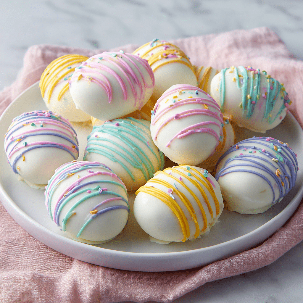 A white plate holds a pile of small, egg-shaped treats covered in smooth white coating. Each egg is decorated with thin lines of colorful icing in pastel shades including pink, yellow, blue, green, and purple, drizzled over the top in wavy stripes in different patterns. The plate sits on a white marbled surface with a soft pink cloth barely visible underneath. The overall look is bright, neat, and inviting. photo taken with an iphone --ar 4:5 --v 7