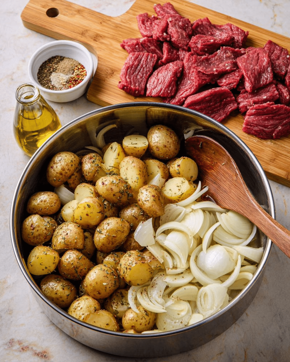 The image shows a large metal bowl filled with three layers: the bottom layer is sliced white onions, the middle layer is small, halved baby potatoes with a light brown skin covered in herbs and black pepper, and the top layer has a wooden spoon resting inside the bowl. Next to the bowl on the right side, there is a wooden board with several pieces of raw, red beef strips piled on it. Behind the wooden board, a small white bowl is filled with mixed spices, and a small clear bottle with olive oil is visible. All items rest on a surface with a white marbled texture. Photo taken with an iphone --ar 4:5 --v 7
